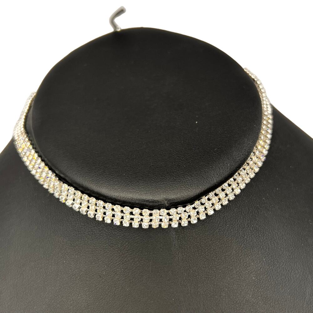 Silver Necklace Rhinestone Clear Stone True Choker Cubic Zirconia Adjustable